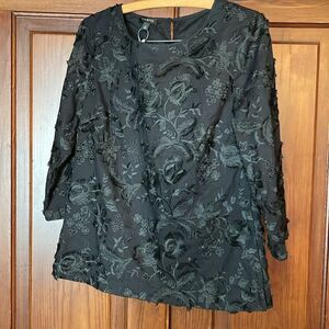 Talbots new black embroidered 3/4 sleeve floral blouse top size 2 side zipper